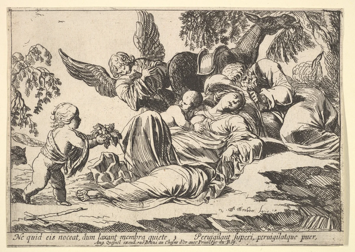 Angels Giving Fruit to the Sleeping Holy Family, from "Episodes from the New Testament" by Pierre Brebiette, print, 1610-1642