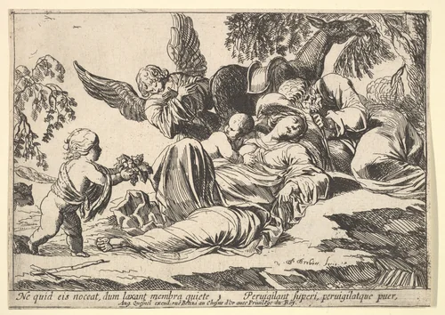 Angels Giving Fruit to the Sleeping Holy Family, from "Episodes from the New Testament" by Pierre Brebiette, print, 1610-1642