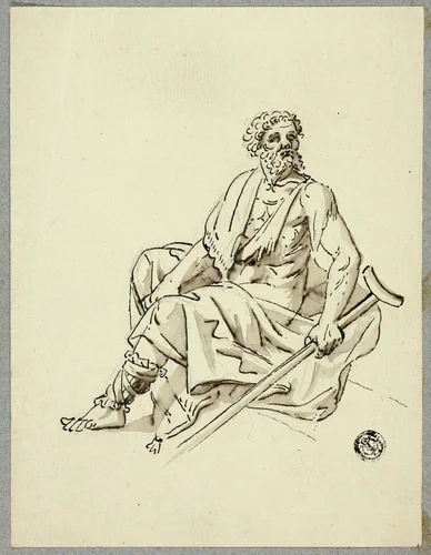Seated Old Man with Crutch by Hans Heinrich Meyer, drawing, 1780-1832