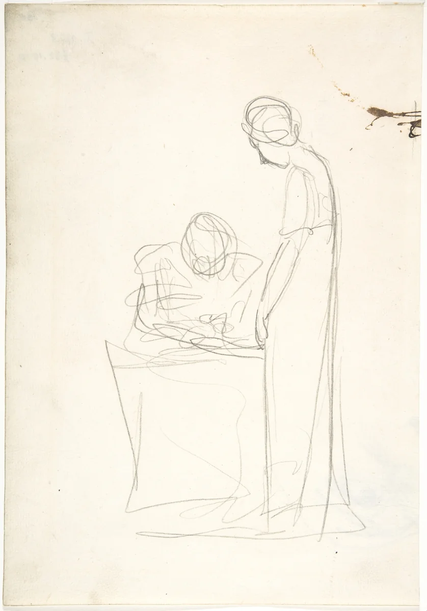 Study of two figures: one seated, the other standing (recto). Study of a head looking upwards (verso) by George Romney, drawing, 1772-1782