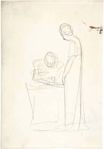 Study of two figures: one seated, the other standing (recto). Study of a head looking upwards (verso) by George Romney, drawing, 1772-1782