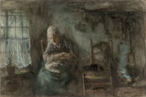 Oude vissersvrouw by Jozef Israëls, drawing, 1850-1911