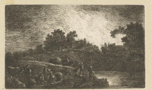 Landschap met boeren aan het werk in de schemering by Johann Christian Klengel, print, 1761-1824