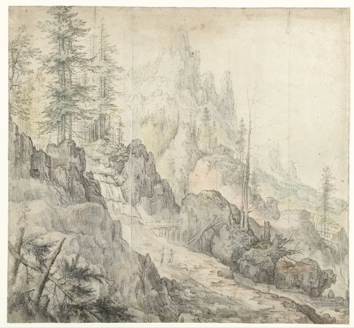 Berglandschap met waterval by Roelant Savery, drawing, 1603-1613