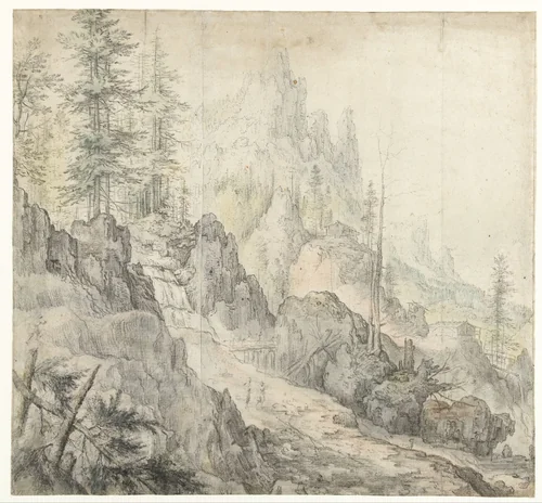 Berglandschap met waterval by Roelant Savery, drawing, 1603-1613