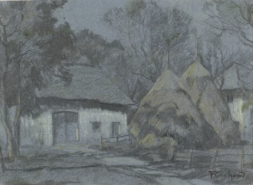 Hooibergen bij een boerenhuis bij maanlicht by François Cachoud, drawing, 1876-1943