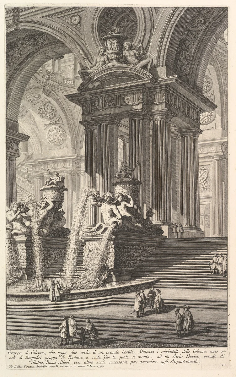Group of columns which support two arches of a great courtyard... (Gruppo di Colonne, che regge due archi d'un grande Cortile...), from "Prima Parte di Architettura, e Prospettive" by Giovanni Battista Piranesi, print, 1745-1755