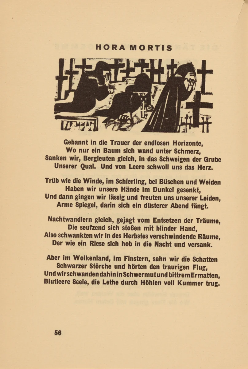 Hora Mortis (Hour of Death) (headpiece, page 56) from Georg Heym: Umbra Vitae (Georg Heym: The Shadow of Life) by Ernst Ludwig Kirchner, volume, 1924