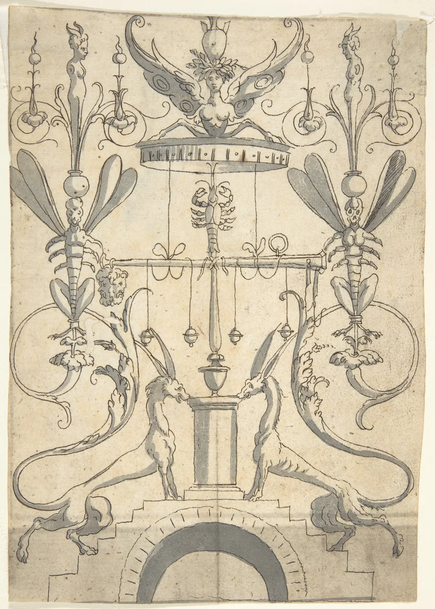 Candelabra Grotesque on a Pedestal with Fantastical Creatures and a Lobster by anonymous, drawing, 1540-1570