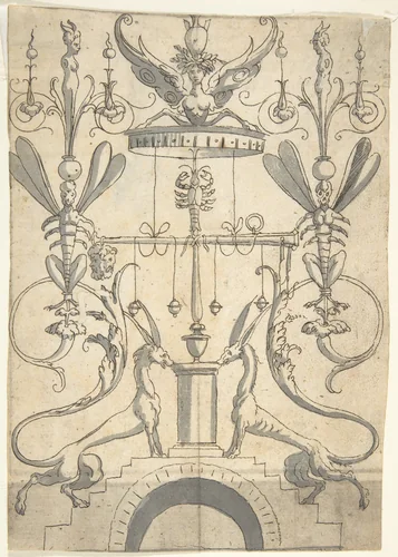 Candelabra Grotesque on a Pedestal with Fantastical Creatures and a Lobster by anonymous, drawing, 1540-1570
