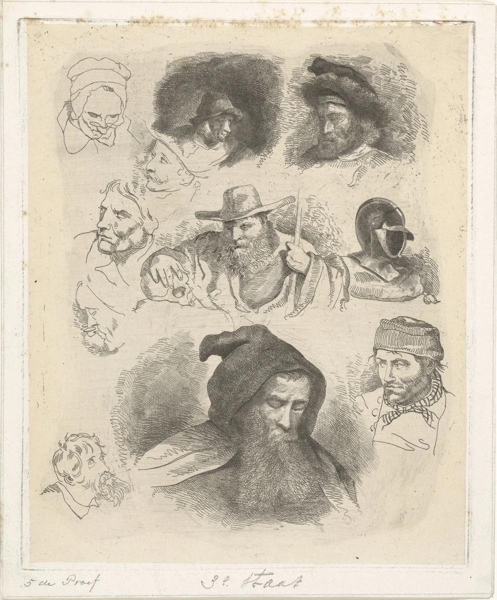 Portretstudie van verschillende hoofden by Jacobus Ludovicus Cornet, print, 1825-1882