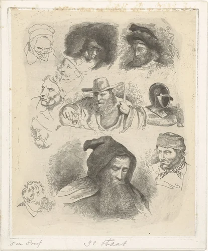 Portretstudie van verschillende hoofden by Jacobus Ludovicus Cornet, print, 1825-1882