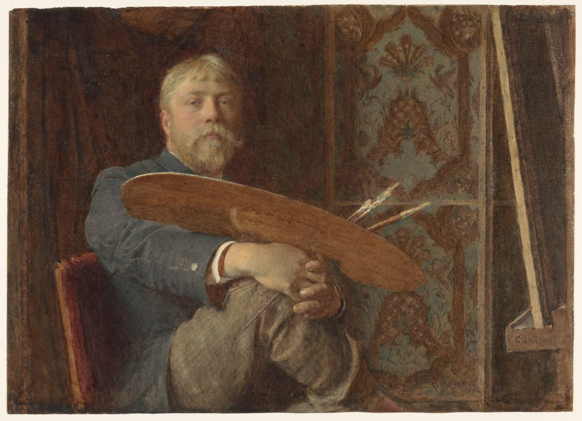 Zelfportret van Edward John Gregory, met palet en penselen, zittend voor de ezel by Edward John Gregory, drawing, 1870-1909