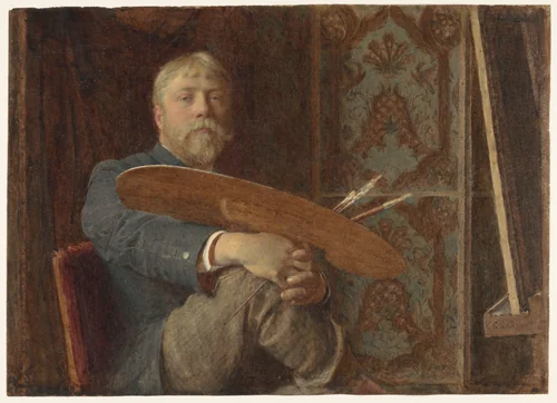 Zelfportret van Edward John Gregory, met palet en penselen, zittend voor de ezel by Edward John Gregory, drawing, 1870-1909