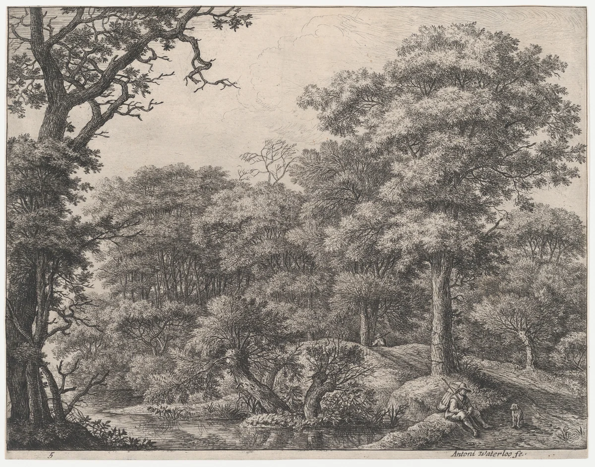 Travelers Resting in the Forest by Anthonie Waterloo, print, 1620-1690
