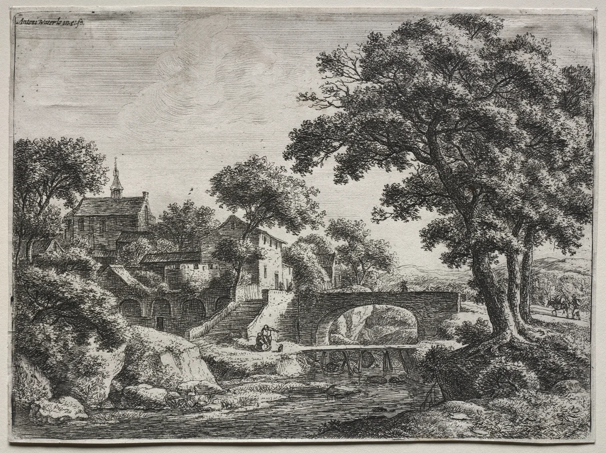 Twelve landscapes (H.95-106): The Two Bridges by Anthonie Waterloo, print, 1640-1690