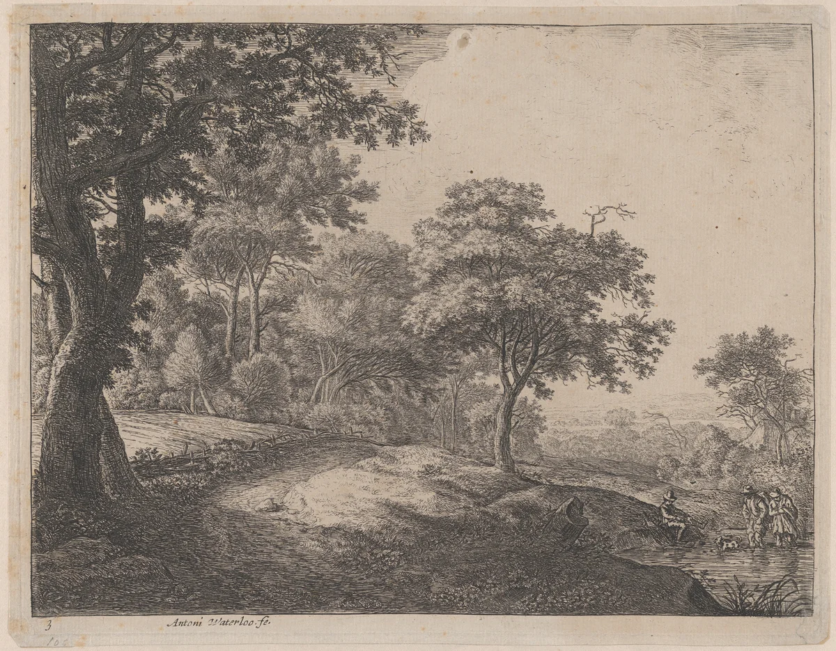 A Man and a Woman Crossing a Stream by Anthonie Waterloo, print, 1620-1690