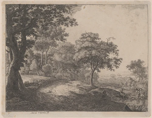 A Man and a Woman Crossing a Stream by Anthonie Waterloo, print, 1620-1690