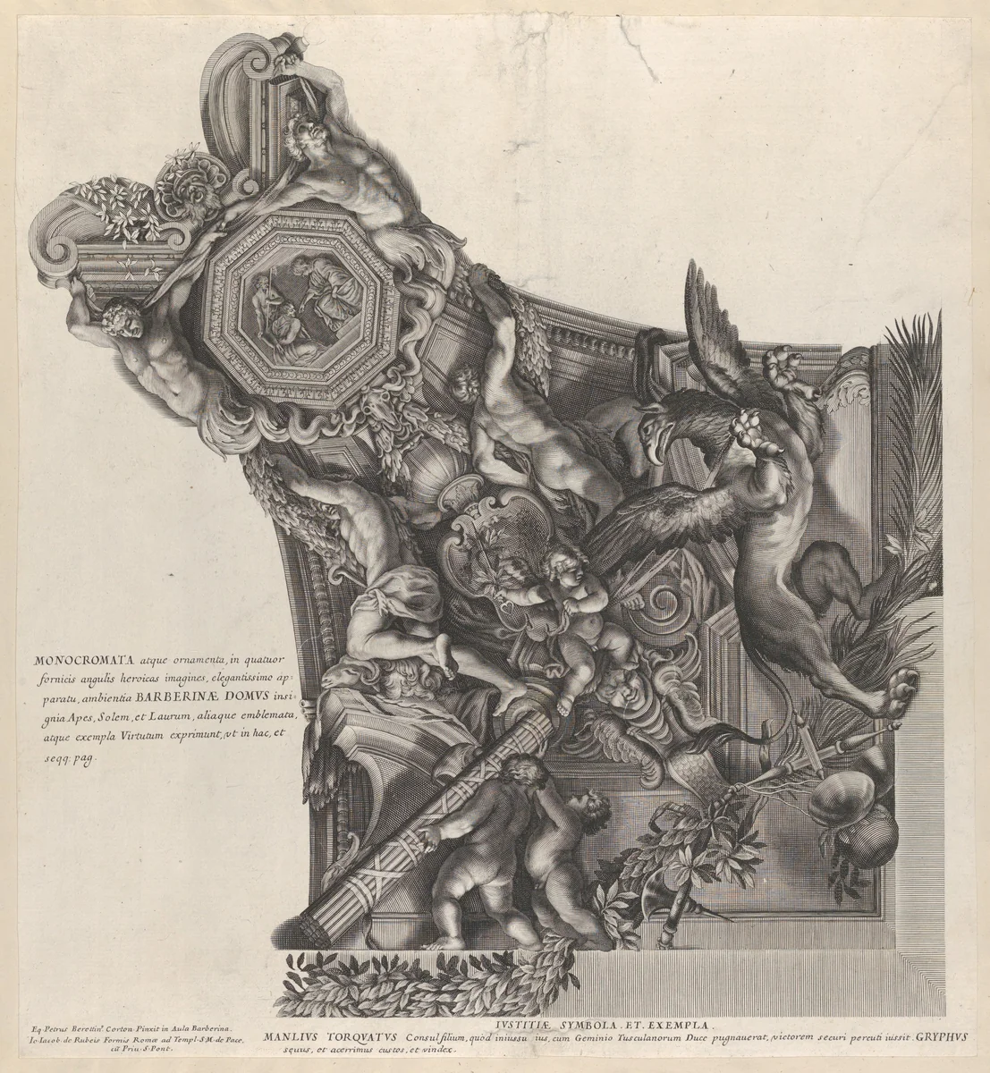 Plate 7: Allegory of Justice with griffin of Manlius Toquatus, from "Barberinae aulae fornix" by anonymous, print, 1672-1682