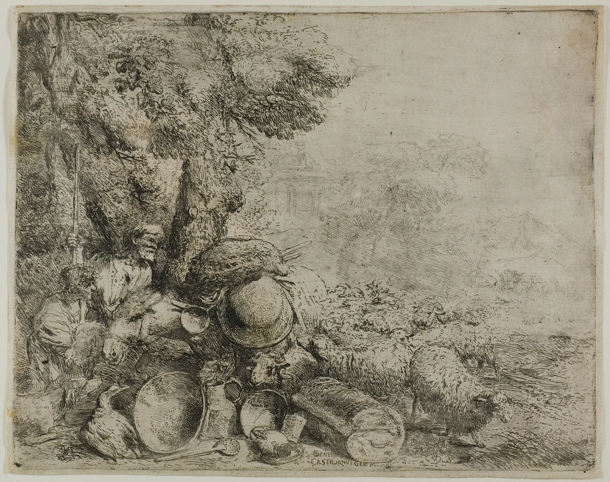 The Overloaded Donkey by Giovanni Benedetto Castiglione, print, 1629-1664