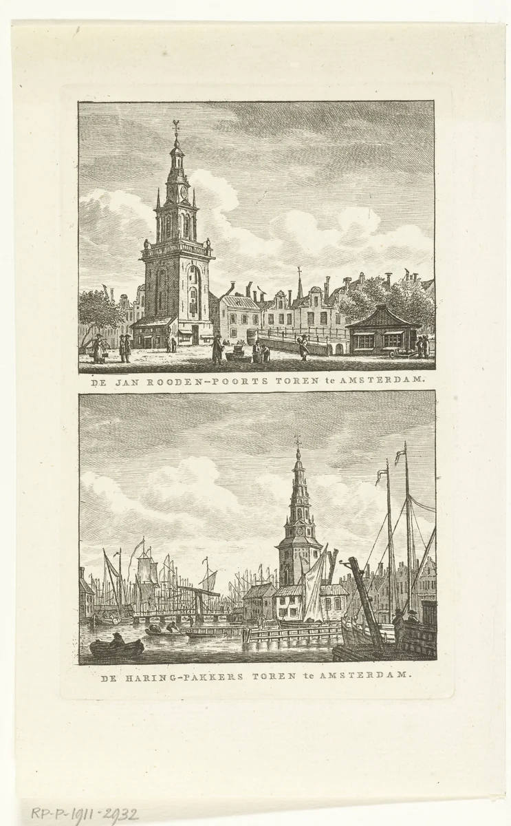 Gezicht op de Jan Roodenpoortstoren en Haringpakkerstoren te Amsterdam by Carel Frederik Bendorp, print, 1786-1792