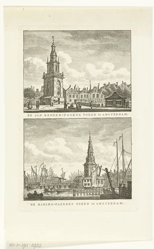 Gezicht op de Jan Roodenpoortstoren en Haringpakkerstoren te Amsterdam by Carel Frederik Bendorp, print, 1786-1792