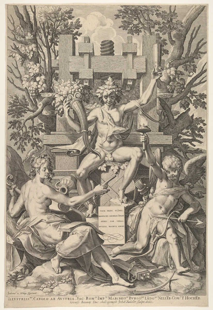 Bacchus, Music, Amor by Johann Sadeler I, print, 1575-1600