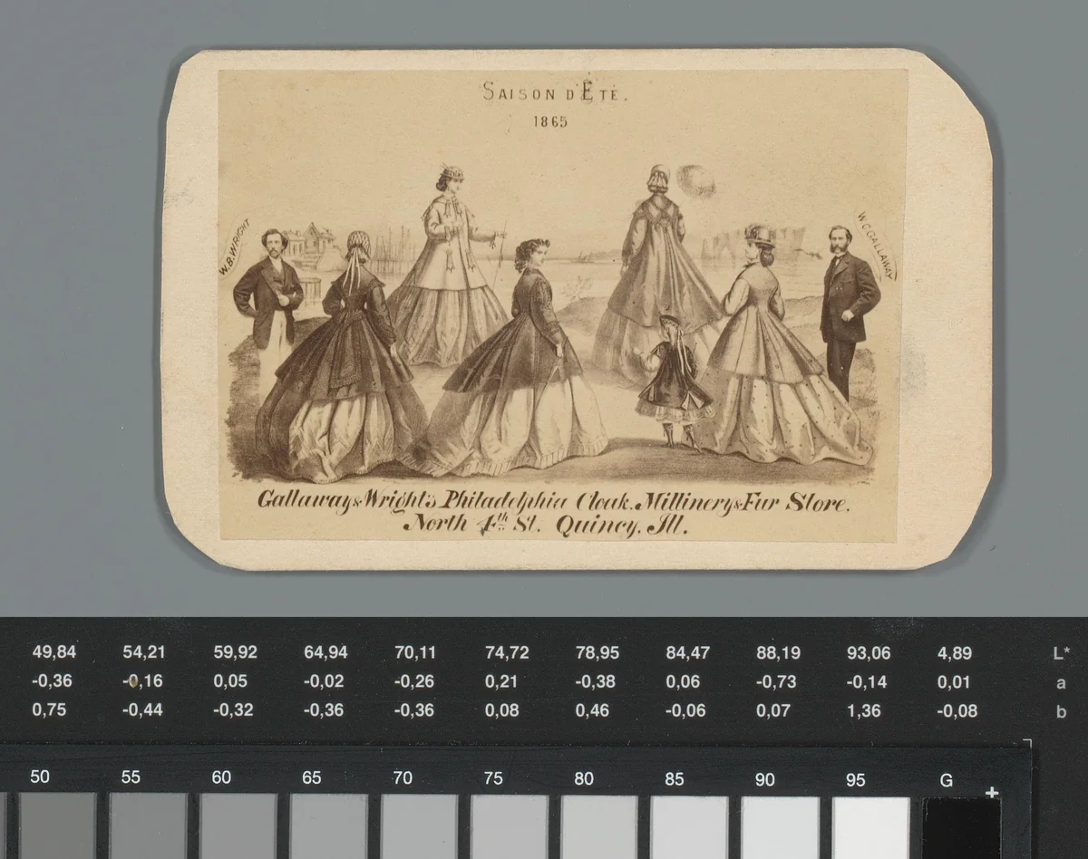 Fotoreproductie van een modeprent van Gallaway & Wright's Philadelphia Cloak, Millinery & Fur Store in Quincy, Illinois by anonymous, photograph, 1865