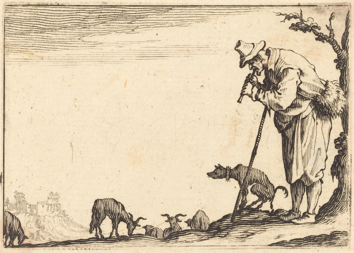 Shepherd Playing Flute by Jacques Callot, print, 1617