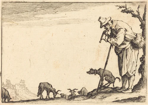 Shepherd Playing Flute by Jacques Callot, print, 1617