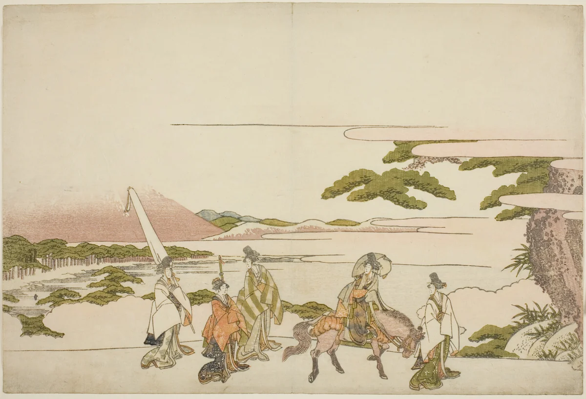 Parody of Ariwara no Narihira's eastern journey by Katsushika Hokusai (葛飾 北斎), print, 1798-1808