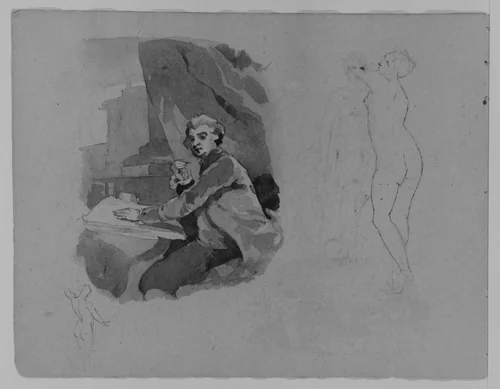 Portrait of Seated Man with Pen and Paper; Standing Female Nude, Rear View (from Sketchbook) by Thomas Sully, artwork, 1810-1820