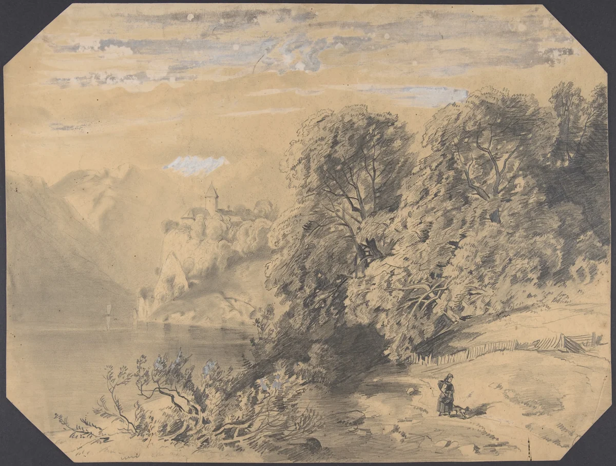Woman with a dog by a mountain lake by Alexandre Calame, drawing, 1830-1864