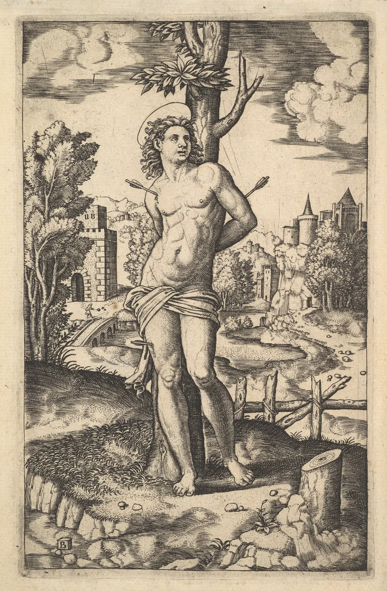 Saint Sebastian tied to a tree pierced by arrows by Master of the Die, print, 1530-1560