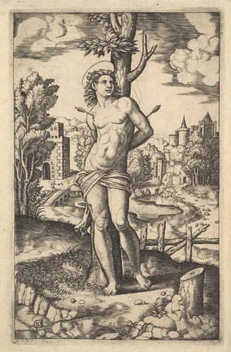 Saint Sebastian tied to a tree pierced by arrows by Master of the Die, print, 1530-1560