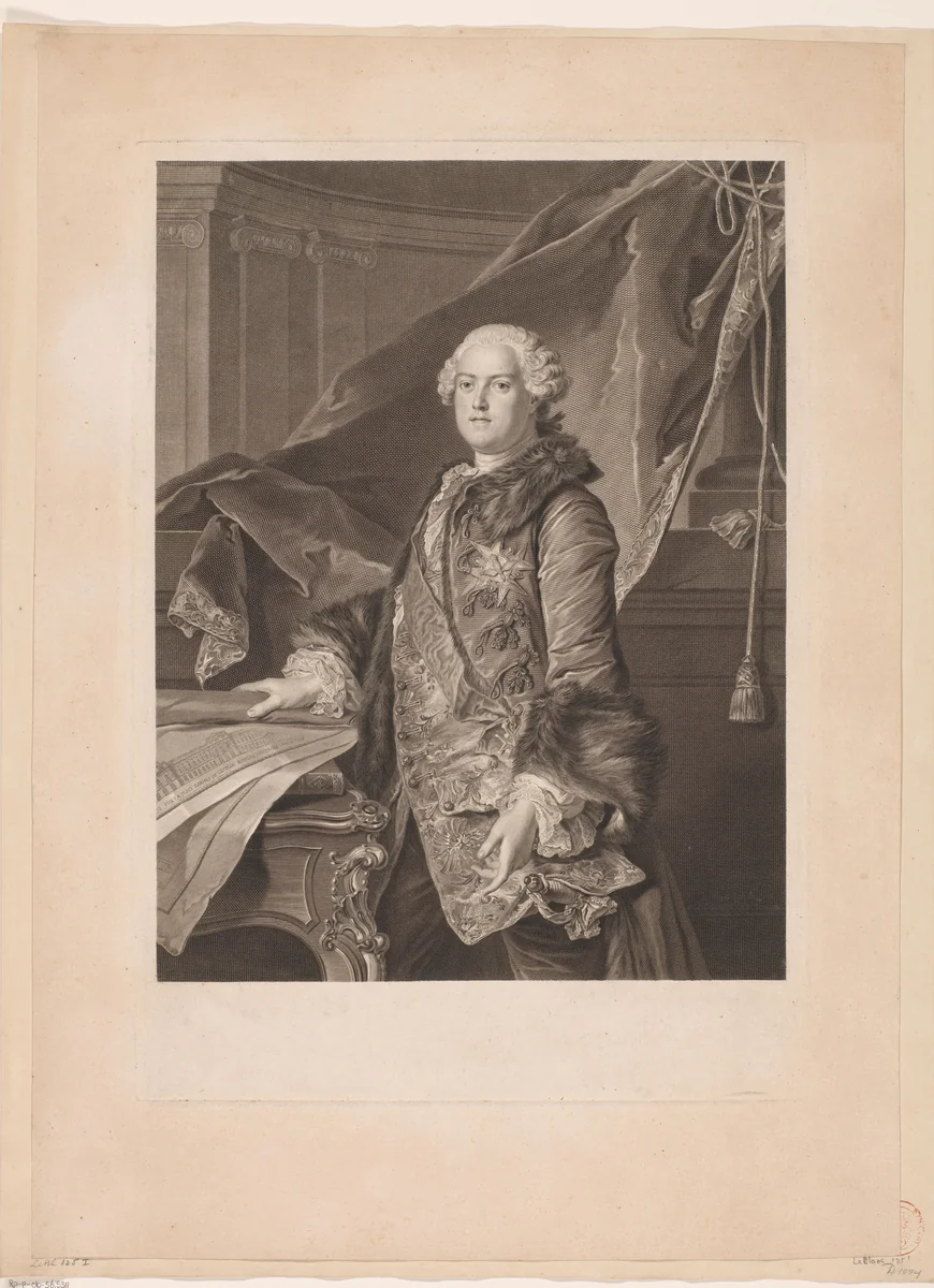 Portret van Abel François Poisson de Vandières by Johann Georg Wille, print, 1761