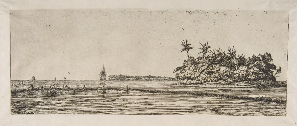 Océanie: Îlots à Uvea (Wallis): Pêche aux Palmes, 1845 (Oceania: Fishing, near islands with palms in the Uea or Wallis Group, 1845), from "The Voyage to New Zealand (1842–46)" by Charles Meryon, print, 1863
