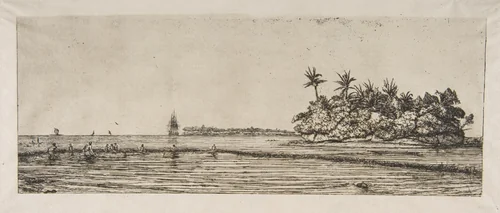 Océanie: Îlots à Uvea (Wallis): Pêche aux Palmes, 1845 (Oceania: Fishing, near islands with palms in the Uea or Wallis Group, 1845), from "The Voyage to New Zealand (1842–46)" by Charles Meryon, print, 1863
