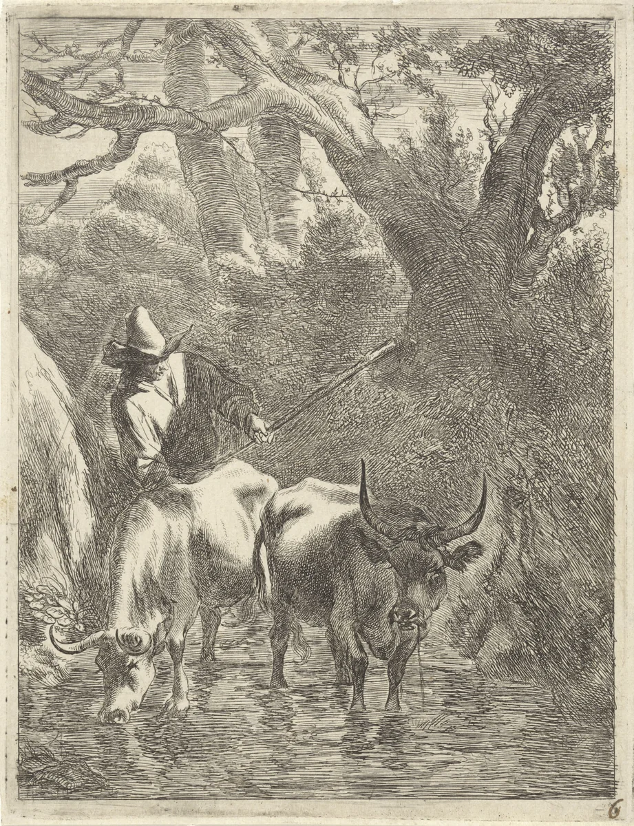 Herder drijft twee runderen door een beek by Jan de Visscher, print, 1643-1692