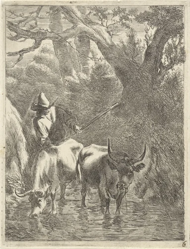 Herder drijft twee runderen door een beek by Jan de Visscher, print, 1643-1692