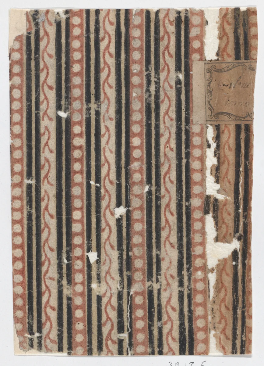 Left side of a book cover with pattern of stripes, vines, and dots by anonymous, print, 1800-1900