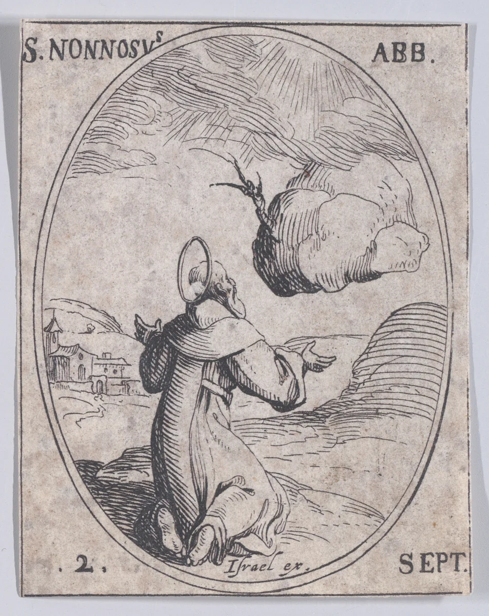 S. Nonnose, abbé (St. Nonossus, Abbot), September 2nd, from "Les Images De Tous Les Saincts et Saintes de L'Année" (Images of All of the Saints and Religious Events of the Year) by Jacques Callot, print, 1636