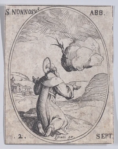 S. Nonnose, abbé (St. Nonossus, Abbot), September 2nd, from "Les Images De Tous Les Saincts et Saintes de L'Année" (Images of All of the Saints and Religious Events of the Year) by Jacques Callot, print, 1636