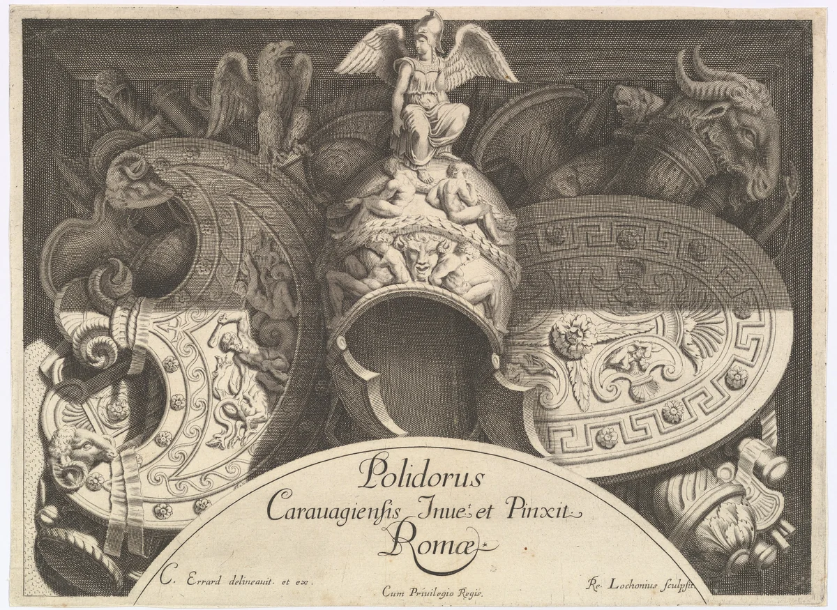 Plate from "Divers Trophées" (Weapon Trophies after the Façade of Palazzo Milesi in Rome) by Polidoro da Caravaggio, print, 1651