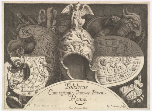 Plate from "Divers Trophées" (Weapon Trophies after the Façade of Palazzo Milesi in Rome) by Polidoro da Caravaggio, print, 1651