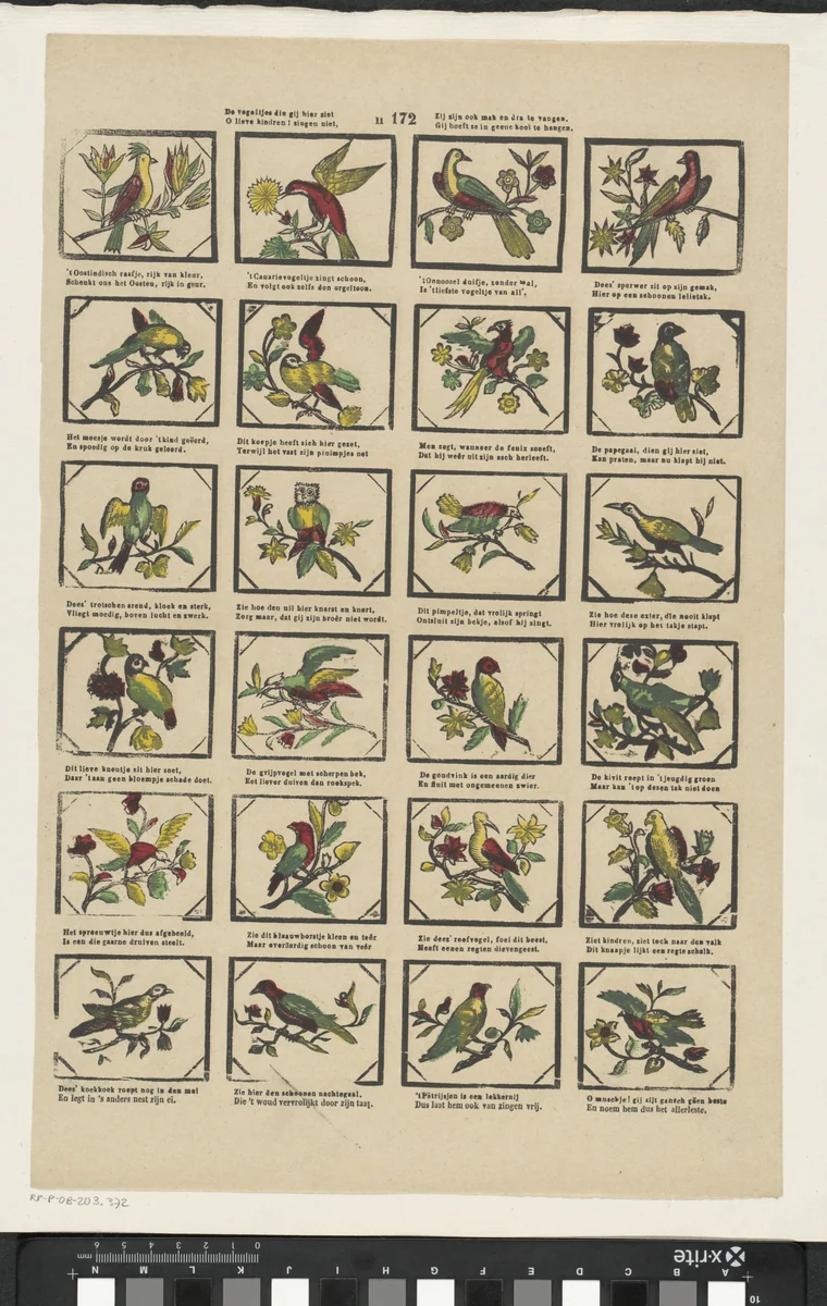De vogeltjes die gij hier ziet / O lieve kindren! zingen niet, / Zij zijn ook mak en dra te vangen, / Gij hoeft ze in geene kooi te hangen by Glenisson & Zonen, print, 1856-1900