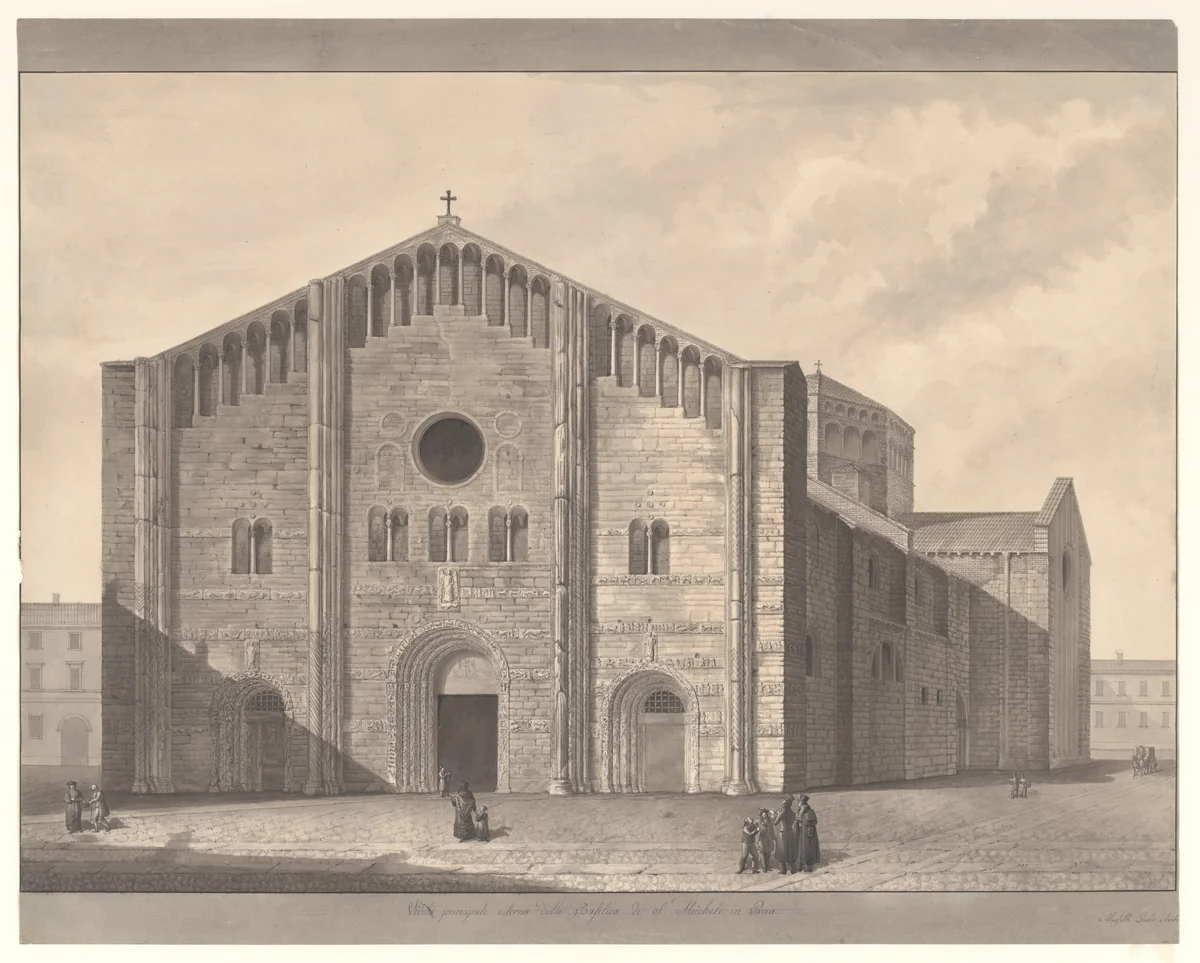 View of the Façade of the Cathedral of San Michele, Pavia by Giulio Aluisetti, drawing, 1820-1829