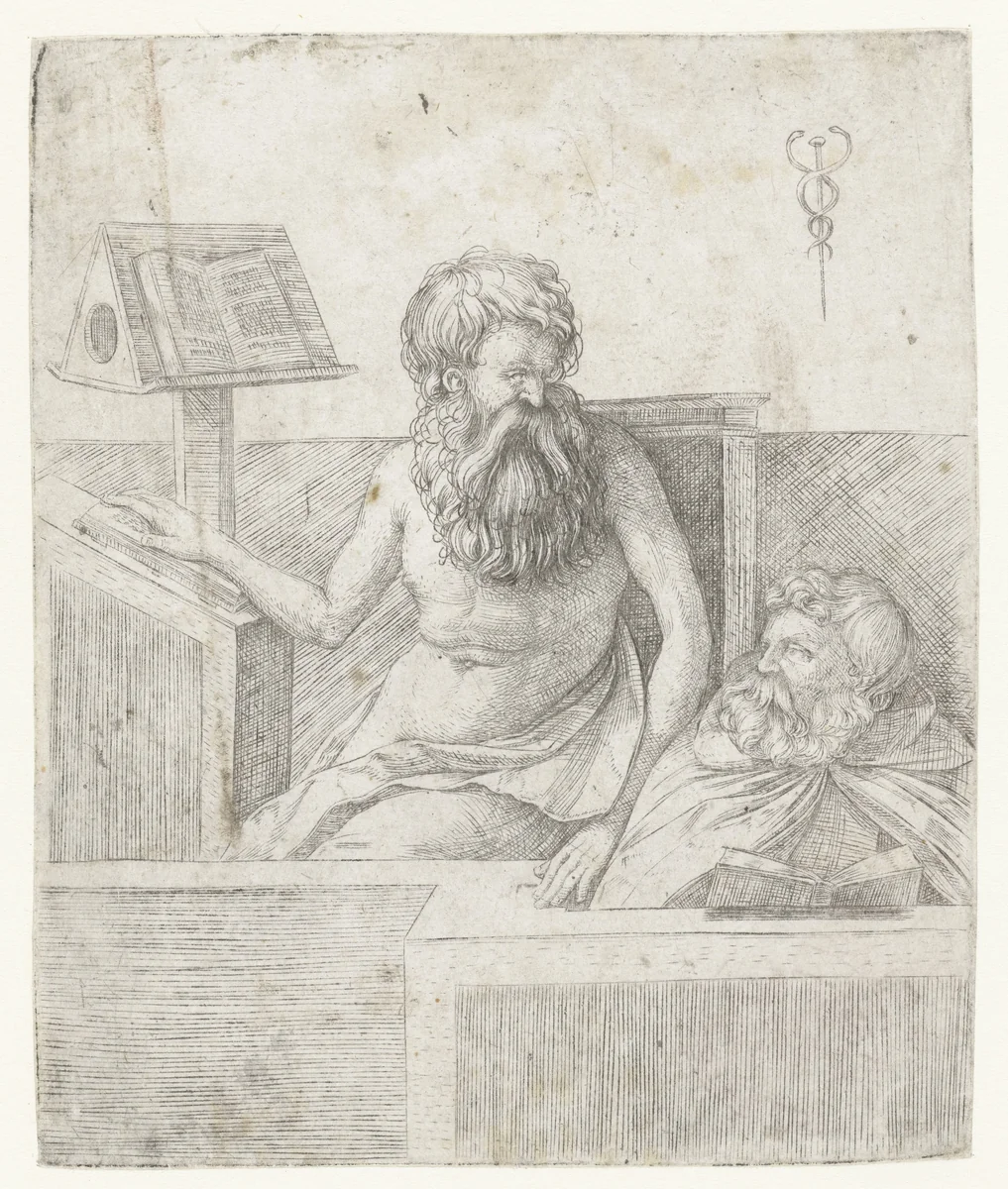 Twee oude mannen lezen in boeken by Unknown, print, 1509-1515