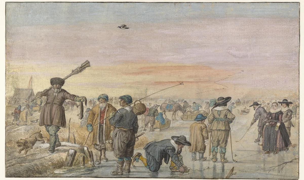 Winter Scene on the Ice, with a Hunter Showing an Otter by Hendrick Avercamp, drawing, 1625-1630