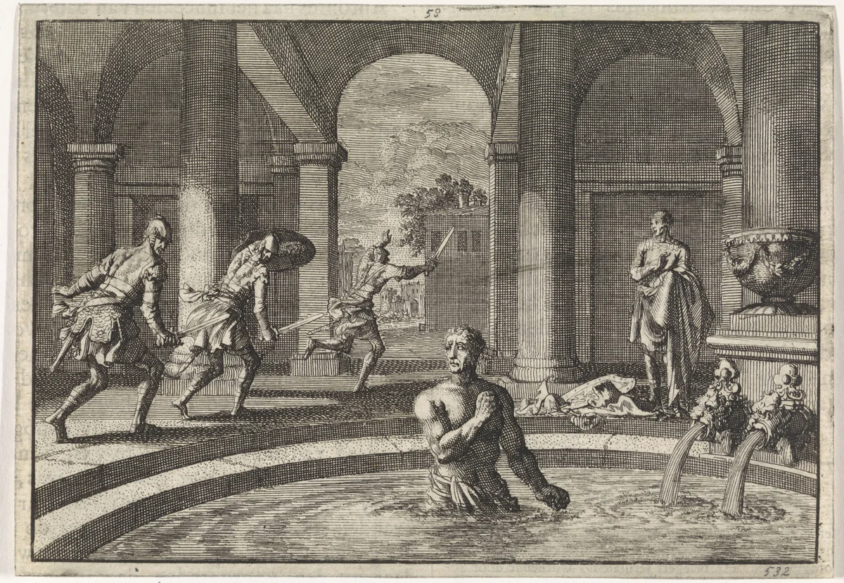 Gewapende vijanden slaan op de vlucht wanneer zij Herodes na zijn overwinning op het leger van Antigonus in bad zien by Jan Luyken, print, 1704